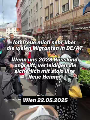 A street scene in a European city with people walking around, some carrying bags. Text overlays are present.