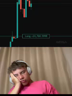 The cover image shows a young man in a pink shirt and white headphones, appearing to sleep or rest his head on his hand. Above him is a chart detailing financial or economic data. The overall composition suggests a financial-related video with a humorous or relatable angle.