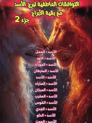 The cover image features a split composition with two lion heads facing each other, their noses almost touching, set against a blurred background. The lion on the left is predominantly a light tan color, while the one on the right has a fiery orange color. Text in Arabic script, using a yellow and white color scheme, is overlaid at the top and listed below the lions, in a vertically aligned format.
