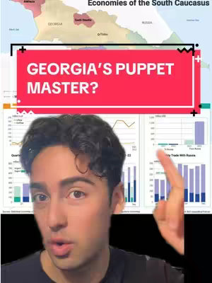 A cover image featuring a man in the foreground with a background showing charts relating to the economy and a map of Georgia and surrounding regions with a red overlay that says "GEORGIA'S PUPPET MASTER?"