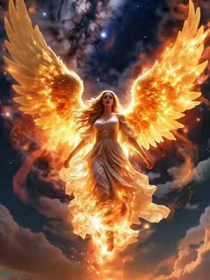 A digital art image of a woman with long flowing blonde hair, angel wings aflame with fiery orange and yellow hues, wearing a white dress, against a backdrop of a dark, cloudy sky.