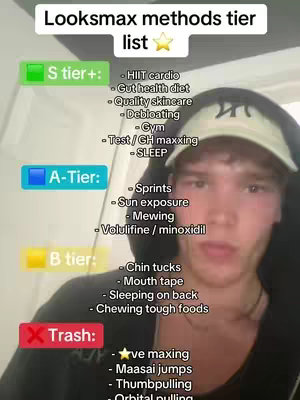 A young man in a black hoodie and a baseball cap poses with a screen that lists tier rankings of methods for looksmaxing. The screen has text like 'S tier+', 'A-Tier', 'B tier' and 'Trash' with related tips below each tier.
