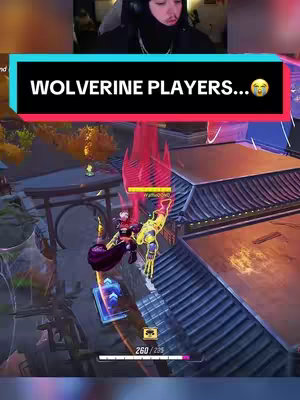 The image is a vertical screenshot from a video game, featuring a top-down perspective of a battle scene. The foreground is dominated by two stylized character models engaged in combat. Above them is a black banner with white text and a red/pink gradient that reads 'WOLVERINE PLAYERS...' in a bold, sans-serif font. The background has a Japanese-inspired setting with wooden structures and tiled rooftops. The lighting is bright and dynamic, with a focus on the characters and action.