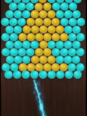 The image is a top-down view of a bubble-shooting game display. The majority of the screen is filled with teal and yellow bubbles arranged in a triangle formation. At the bottom, a streak of blue lightning-like energy bursts upwards from the bottom edge of the screen. The background is a dark brown wood texture.