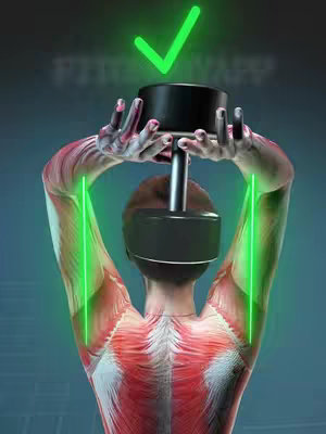An illustration of a muscular human figure seen from the back, flexing their arms while holding a dumbbell overhead. The figure's muscles are exposed with red shading representing, with green lines denoting the correct arm position. A VR headset is on, with a green checkmark above.