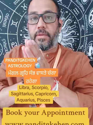 A man with glasses and a beard is centered in front of a dark background adorned with astrological symbols. Text overlays provide information about astrology, specific zodiac signs, and a call to action.