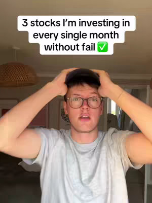 A man with glasses is holding his hands to his head looking concerned. Above him is a white box with text that states, “3 stocks I’m investing in every single month without fail” and then a green check mark.