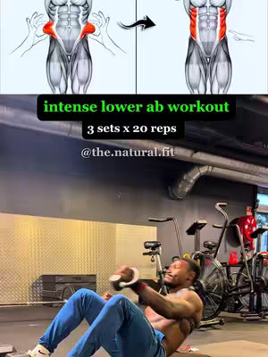 The cover image is split in two. Above, there is a split illustration of a person's torso with highlighted muscles, showing two steps of an exercise. Below, the cover image shows a man doing an exercise in a gym. A text box overlay provides instructions.