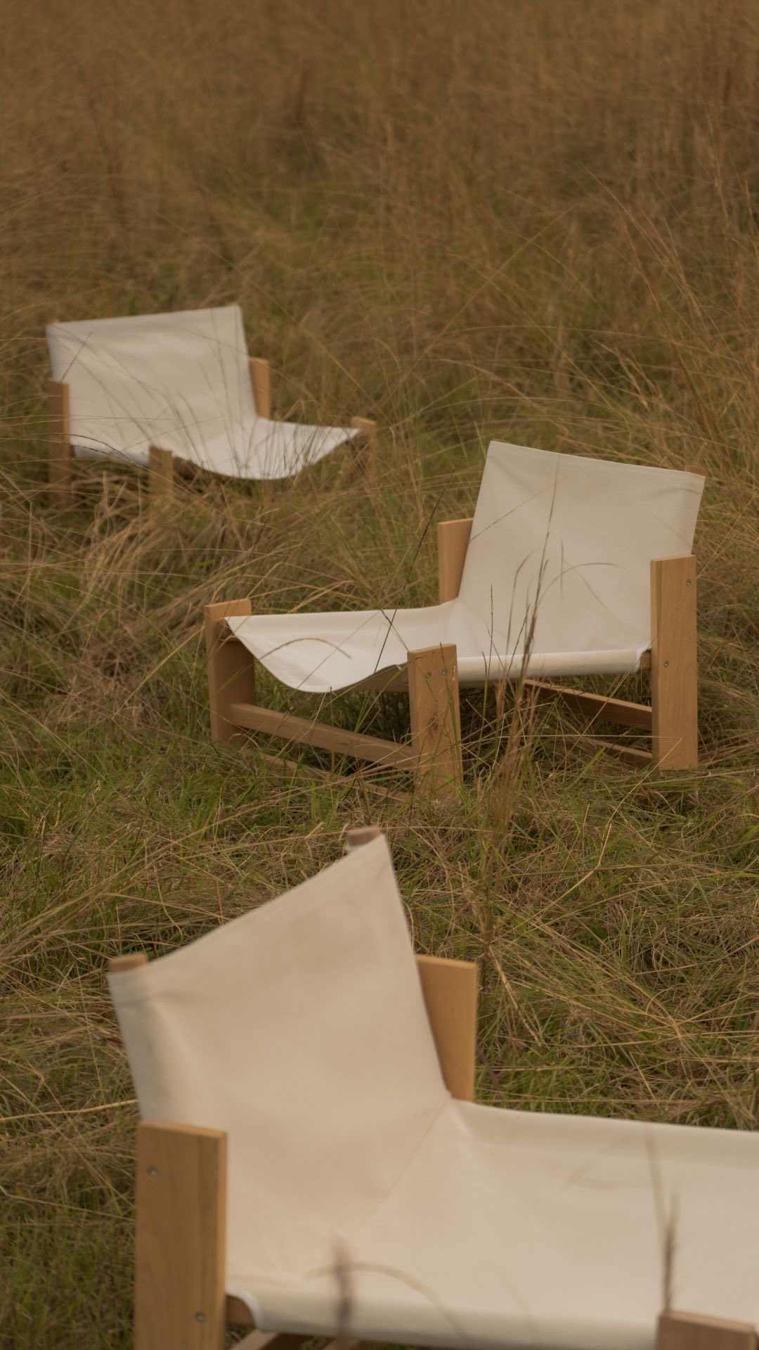 The image features a close-up shot of three white chairs, each with a minimalist design. The chairs are set in a field of tall, dry grass, with the chairs positioned slightly out of focus in the foreground, suggesting a depth of field. The color palette is muted and natural, with light brown and beige tones. The image suggests an upscale setting, with an emphasis on design and a feeling of calmness.
