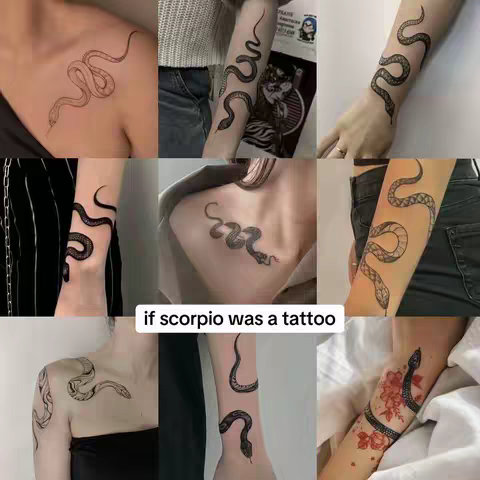 A collage of nine images showcasing different snake tattoos on various body parts. The tattoos are primarily black, featuring intricate designs of snakes in various poses. The layout is a 3x3 grid against a neutral background, and the color palette is monochromatic.