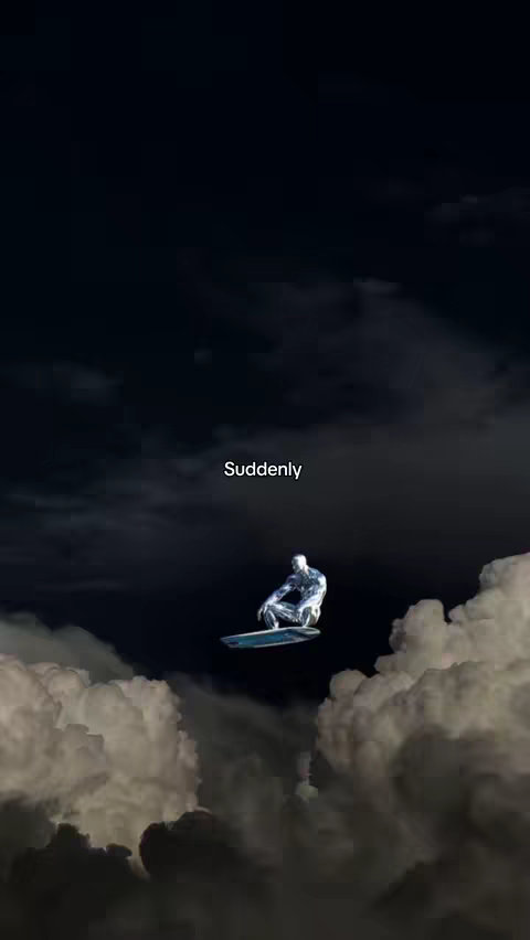 The image shows a figure resembling the Silver Surfer riding a surfboard above white, fluffy clouds against a dark, night sky. The figure is a metallic silver color. The word "Suddenly" is in white font centered in the image.