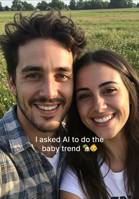 A selfie-style image featuring a smiling couple outdoors. The man on the left is wearing a plaid shirt, and the woman on the right is wearing a white t-shirt. They are both smiling widely, and the background is a field with some trees under a partly cloudy sky. The text overlay says, "I asked AI to do the baby trend" with a house and baby emoji.