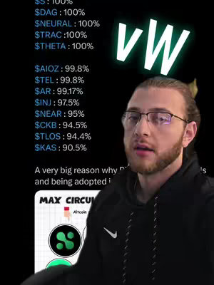 A man in glasses is speaking, partially visible in the foreground of the image. Behind him is a list of cryptocurrencies and their percentages, along with a logo, and a neon green 'vw' logo.
