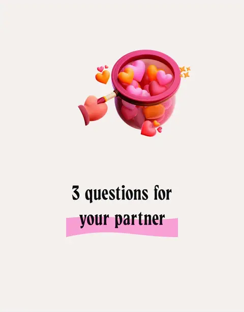 The cover image features a light background with a 3D illustration of a heart-shaped net scooping up colorful hearts. Text overlays at the bottom read, "3 questions for your partner" in a bold, black font set on a pink banner.