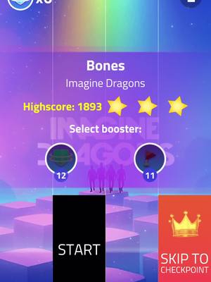 The image displays a mobile game interface with a music theme. The background transitions vertically through shades of purple, blue, and green. In the foreground, there are cube-like platforms, several of which are pink with some displaying vertical lines, interspersed with black rectangles. Text overlays indicate song information, a high score, and game controls. A group of grey figures is silhouetted on one of the platforms. Icons suggest booster selection, and a crown indicates a game checkpoint feature, while the text reads “START” and “SKIP TO CHECKPOINT”.