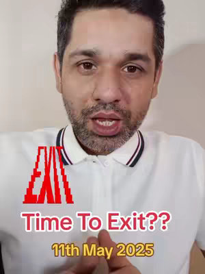 A man with short dark hair and a beard is centered in the frame, wearing a white polo shirt with navy and red trim around the collar. Overlayed on the image are red text and graphics, reading "EXIT" and "Time To Exit??" in a stylized font. Below this is the date "11th May 2025". The background is plain and neutral, focusing attention on the man and the overlaid text.