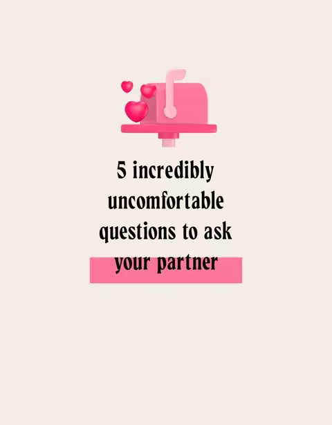 A light peach background with a pink mailbox graphic at the top center and three hearts next to it. Below the mailbox is text in a bold black font that says "5 incredibly uncomfortable questions to ask your partner". The text "your partner" is highlighted in a pink rectangle.
