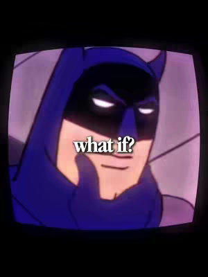 The image presents a stylized depiction of Batman's head and shoulders, set against a dark, somewhat blurred background. Batman is rendered in a comic-book style, with a simplified design of the face, highlighted by the black mask and blue cowl. A text overlay displaying "what if?" is positioned at the bottom.
