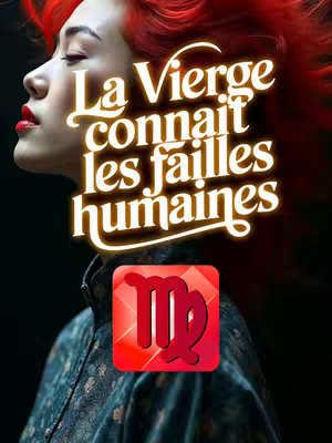 A woman with red hair is the central figure, viewed in profile, with a dark background. The woman has pale skin and red lipstick. Overlaid on the image is stylized text in white with a gold glow, reading "La Vierge connaît les failles humaines" (The Virgo knows human flaws). There is an astrological symbol of Virgo with red color on a red square in the bottom of the image.
