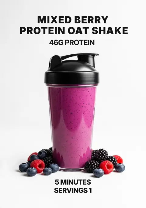 A close-up shot of a mixed berry protein oat shake in a clear shaker cup. The shake is a vibrant pinkish-purple color and surrounded by a cluster of fresh berries including raspberries, blueberries, and blackberries, on a stark white background.