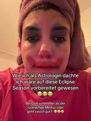 A selfie-style cover image features a person with exaggerated clown-like makeup, a pink towel on their head, and a pink shirt. The text overlay uses the top third of image and bottom of image, adding context around the person's expression.