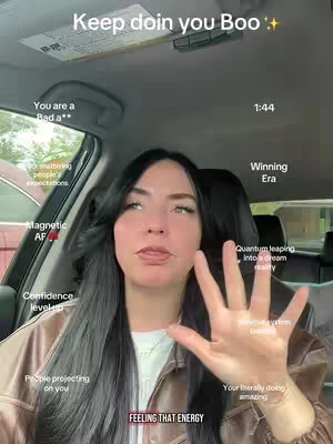 The cover image shows a woman in a car, smiling, gesturing with her right hand towards the camera. Text overlays are placed near and around her. The background is blurred, suggesting a focus on the creator.
