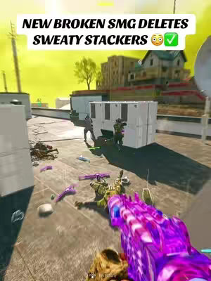 The image shows a first-person view of a video game, likely Call of Duty: Warzone. A purple and white camo SMG fills the foreground, pointed towards the scene. In the background, there's a rooftop environment where several characters are engaged in combat. At the top, text overlayed reads 'NEW BROKEN SMG DELETES SWEATY STACKERS', along with emojis. The scene is dominated by a yellow sky, suggesting a specific in-game map or time.