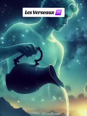 A digital artwork depicting a luminescent, ethereal figure of a man holding a dark jug, seemingly pouring water. The figure is set against a backdrop of a starry sky and a golden sunset. A text overlay reads "Les Verseaux ♒".