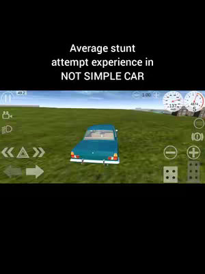 The image shows a mobile game interface with a teal car on a green field.  Text overlay indicates an "Average stunt attempt experience." Control buttons and speed indicators are visible.