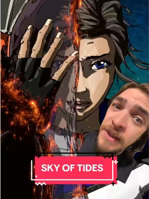 The image is a split composition with an anime-style female character on one side and a man (creator) on the other. The anime character is a close-up with intense eyes, while the man is in the bottom right, in a selfie-like position.