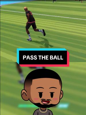 The image is divided into two sections. The top shows a screenshot from a video game, depicting a player running on a green field. The player is wearing sports attire. Below, a cartoon avatar of a Black man is featured, with a thoughtful expression. The text 'PASS THE BALL' is overlaid on top of a colored rectangle.