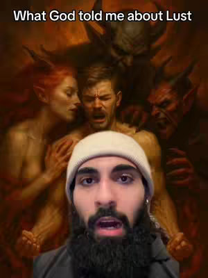 A man with a beard looks at the camera, with a white beanie. Behind him, a painting depicts a man in distress, surrounded by figures, some with horns, in a surreal and dramatic scene.