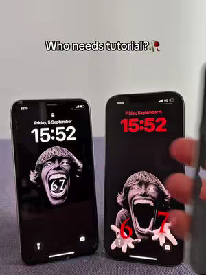 The image shows two iPhones side-by-side, each displaying a black background with the same meme-like image on the screen. The meme features an image of a person with an exaggerated facial expression, and a "67" is visible on the image on the center of both the phones. The time display is visible in the upper portion of both screens. The caption at the top of the image is in white.