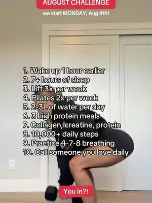 A woman is shown in a squat position lifting a dumbbell, with text overlays listing a fitness challenge. The woman is the focal point, wearing workout attire, showcasing exercise form. Text in a white font is overlaid giving the details of the month challenge.