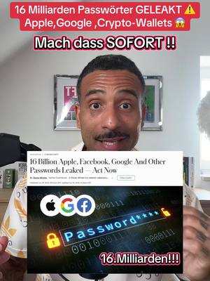 A man is holding up a news article graphic warning about a password leak, with text overlays urging viewers to take immediate action. The man is looking directly at the camera with a concerned expression, wearing a patterned shirt. The background includes a blurry interior setting with indistinct objects and artwork.