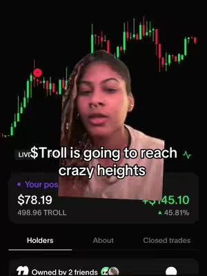 A woman with brown hair and a nose ring is centered in a vertical frame. She's set against a background that looks like a stock chart, colored in green and red. Overlayed on the background and the woman is an interface. Below her is an interface with monetary values, and it is tracking a stock or crypto investment. The top of the image has the green financial chart.