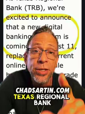 A man with glasses wearing a black shirt is speaking to the camera. Text is overlaid. Behind him is a white document with text in black including a highlighted yellow area with text, and the text 'CHADSARTIN.COM TEXAS REGIONAL BANK' at the bottom.