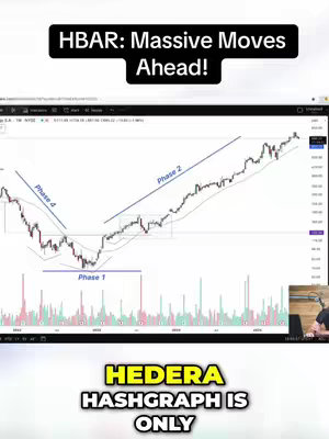 The image shows a stock chart on a computer screen with annotations that outline different phases. Text overlays at the top read 'HBAR: Massive Moves Ahead!' and at the bottom reading 'HEDERA HASHGRAPH IS ONLY'. In the bottom right, a person is visible, likely the creator talking, adding context to the data shown. The layout includes visual cues and the chart is centered, with a clear purpose of financial analysis.