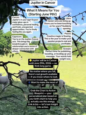 The image is a vertical graphic featuring a pastoral scene with sheep grazing in a field under a blue sky and tree branches. Text overlays provide astrological information. The upper portion highlights astrological forecasts for different zodiac signs. At the bottom, there's a call to action encouraging viewers to use the 'Chart to Action Blueprint' and a link in the bio.