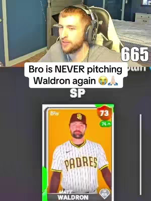The cover image is a split screen showing the content creator in the top part and a baseball card on the bottom. The creator, a white male with a beard and headphones, is looking towards the screen, presumably the game. The bottom portion shows a baseball card for Matt Waldron of the San Diego Padres. The card has an animated background.