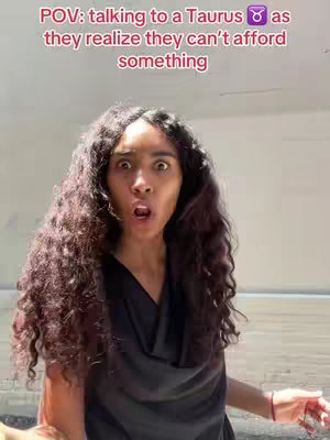 A woman with long, curly hair makes a surprised expression, with her mouth open and eyes wide. Text overlays describe the pov of the scenario, which is the focus of the video.