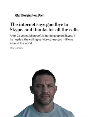 The image features a cropped section of a newspaper article from The Washington Post, with a headline referencing the end of Skype. Below the article, a man's head is visible, presumably the content creator’s.