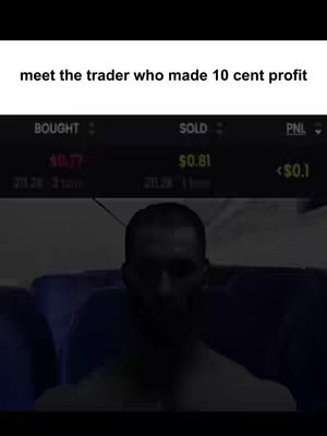 The cover image shows a man in a dimly lit environment. He is seated, likely indoors, perhaps in a vehicle or a room with dark walls. The man has a shaved head, is shirtless, and has a muscular physique, indicative of a fit build. In the background, a digital display shows financial data, with the text "BOUGHT", "SOLD", and "PNL" (Profit and Loss), along with numbers representing amounts and gains, centered around the user's transactions and indicating a profit. The top of the image contains visible text: "meet the trader who made 10 cent profit". The overall composition suggests a theme related to low-profit trading.