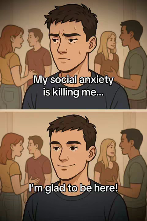 A two-panel cartoon illustration depicts the same young man in two scenarios. The first panel shows him with a concerned expression saying: 'My social anxiety is killing me...' surrounded by blurred figures of people. The second panel shows him with a cheerful face saying: 'I'm glad to be here!' with the same blurred figures in the background. The color palette is muted with a focus on the characters' expressions.