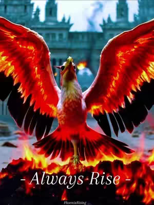 The image features a phoenix rising from flames against a background of a castle setting. The phoenix has outstretched wings, displaying fiery red and orange plumage. The background is a blurred architectural scene with a castle-like structure. Below the phoenix are flames, and the text '- Always Rise -' is at the bottom, with the username 'PhoenixRising' below it.