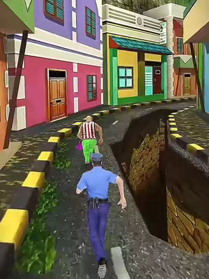 The image shows a vibrant, stylized street scene from a video game. Two figures are running down a cracked asphalt road between colorful buildings with exaggerated perspectives. A police officer in a blue uniform chases a man with a striped shirt and green pants, who is carrying a pink bag. The buildings are vivid, and the scene suggests action or pursuit.