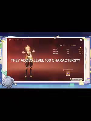The image shows a screenshot from a video game, "Genshin Impact". The main color is a deep orange. The layout showcases a game character with a level 95 rating next to a level 100. The foreground features an overlayed text "THEY ADDED LEVEL 100 CHARACTERS??". The background showcases a user interface, framed by floral decorative elements on a white sheet. At the bottom is a small square button