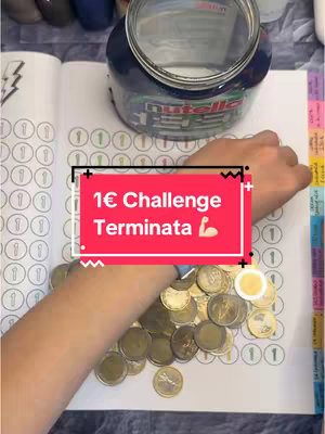 The cover image features a close-up shot of a hand placing coins onto a printed sheet with several circles. The sheet is part of a savings challenge; the sheet has a lot of circles, each with the number 1 inside, and the text is overlaid on a rectangular, colorful element. Several Euro coins are in the foreground. In the background, we can see another sheet with circles printed and a half-filled Nutella jar.