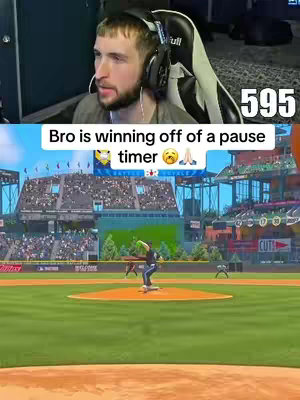 The image is split in two. The top half shows a man wearing a headset and looking at the camera. The background is a room with a chair. The bottom half shows a baseball game in play. The image has text overlayed on the image.
