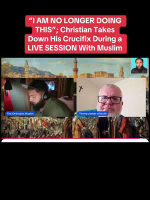 The cover image presents a split-screen layout: on the left, a man with a beard in a headset is shown with a screen and some objects. On the right, another man wearing glasses is shown. Above them is a red banner with white text, which reads: "I AM NO LONGER DOING THIS"; Christian Takes Down His Crucifix During a LIVE SESSION With Muslim.